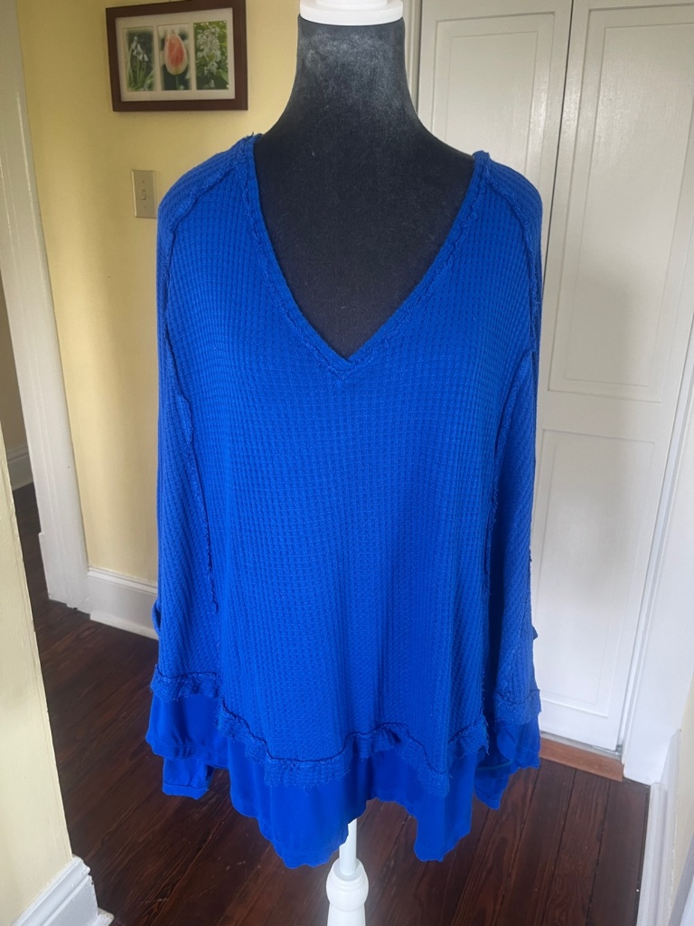 Free People We The Free Royal Blue V-Neck Waffle Knit Tunic